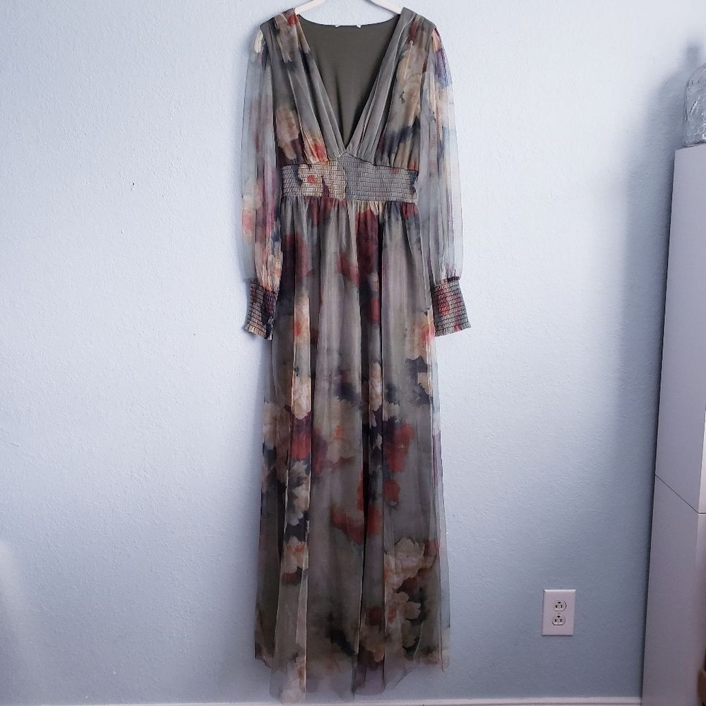 Baltic Born Layla Olive And Rust Floral Long Sleeve Tulle Maxi Dress - Picture 2 of 5
